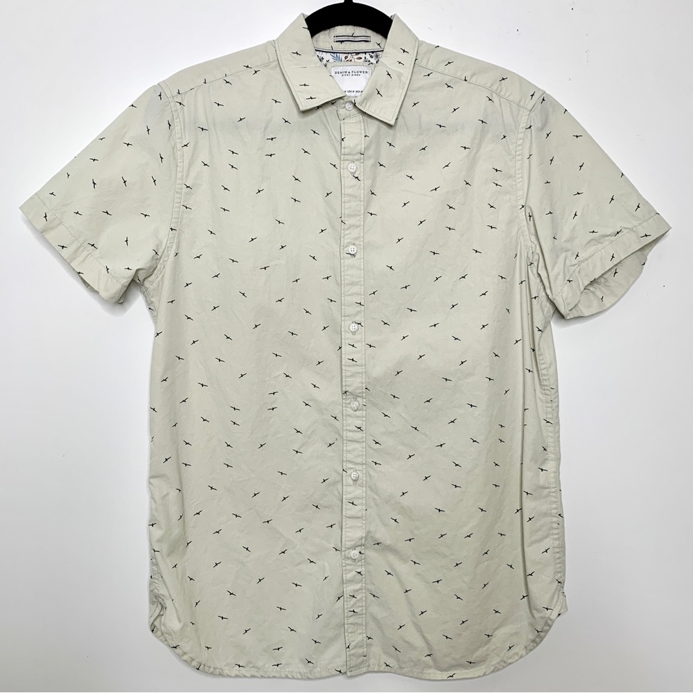 Denim & Flower Ricky Singh Mens Button Up Shirt Blue White Birds Pocket Cotton L